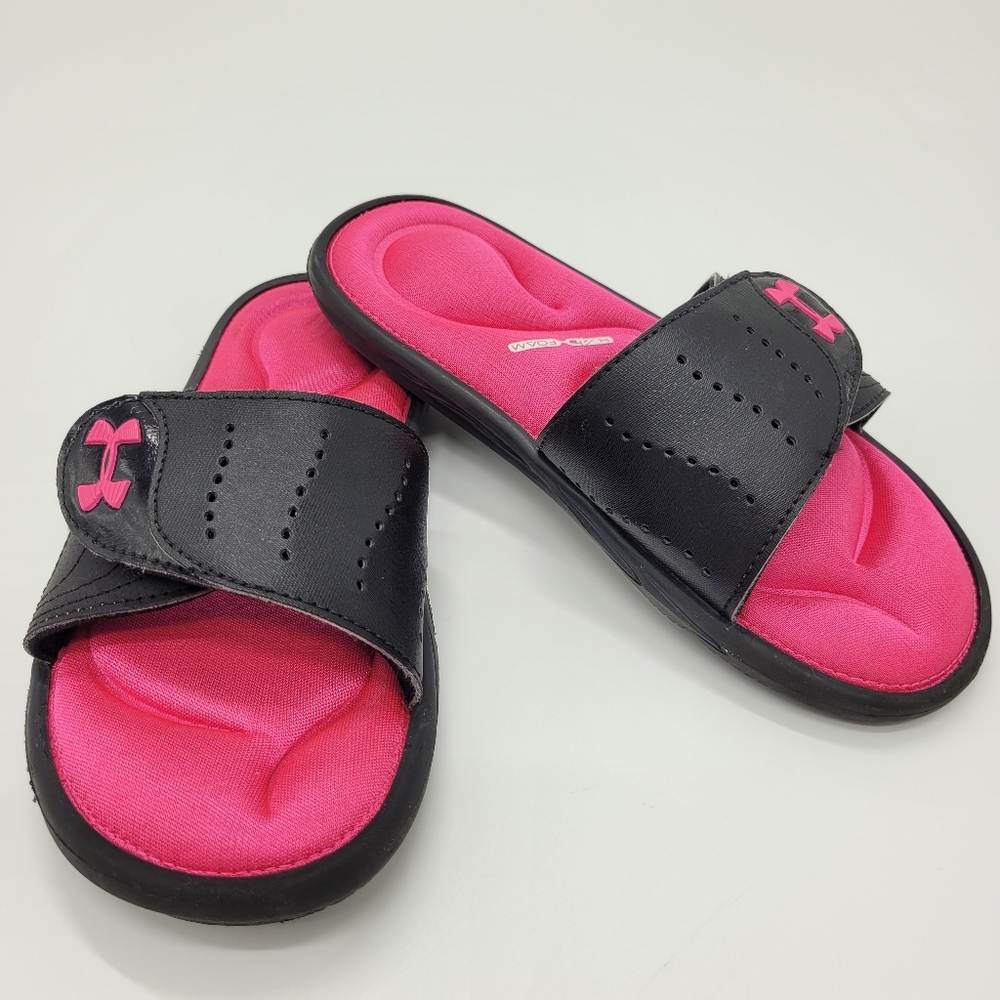 Under Armour Sandals Ignite Black Pink Slides 4D Foam Adjustable Girls Size 3Y